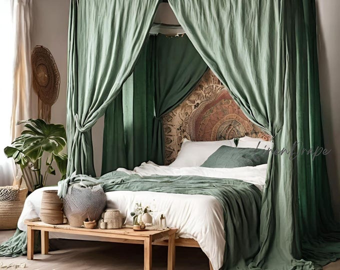Elegant Linen Canopy Curtains | Tie-Top Linen Drapes for Canopy Beds | Soft Stonewashed Linen Panel | Custom Sizes & Colors, 1 Curtain Panel