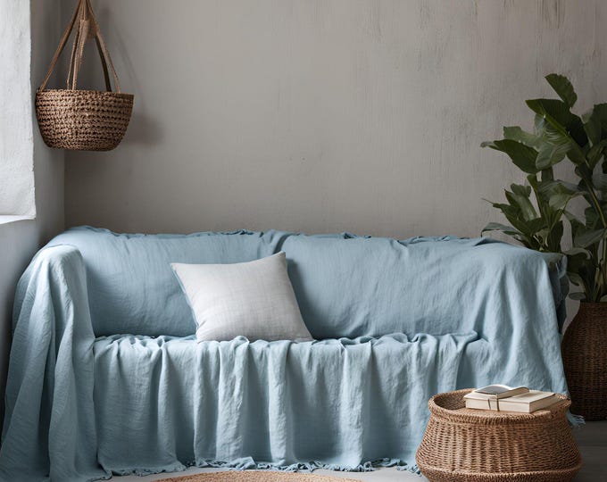 Stonewashed Linen sofa Cover. Natural Linen sofa throw. Linen Couch Throw. Linen Coverlet. loose Slipcover, loose sofa cover