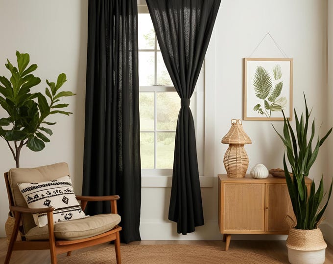 Custom Linen Curtain Panel – Rod Pocket, Tie Top, Tab Top | Light Filtering Natural Flax Drapes for Bedroom, Living Room, Farmhouse Decor