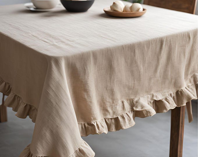 Frilled Table Cover, Linen Tablecloths, Round Tablecloth, Large Table Cover, 4 Seat Table Cover, Custom Tablecloth, Boho Table Decor