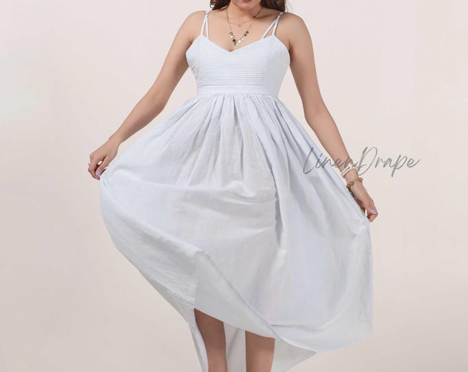 Light Blue Linen Midi Dress – Flowy Summer Sundress – Spaghetti Strap Boho Dress – Cottagecore A-Line Dress – Vacation Outfit – Beach Dress