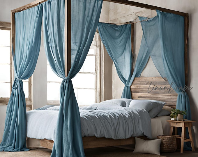 Linen Canopy Bed Curtains | Tie-Top Linen Drapes | Soft Stonewashed Linen Panel | Custom Sizes & Colors Available | 1 Curtain Panel