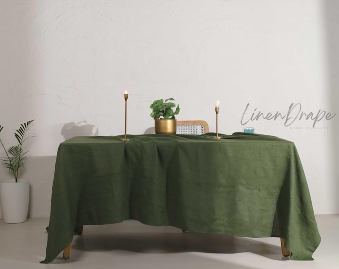 Pine Green Linen Tablecloth | Dark Green Linen Table Cover | Oval, Round, Rectangle & Square Table Linen | Rustic Farmhouse Wedding Decor