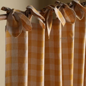 Custom Linen Gingham Curtains – Yellow Checkered Farmhouse Drapes, Multiple Hanging Styles (Rod Pocket, Tab Top, Tie Top & More)