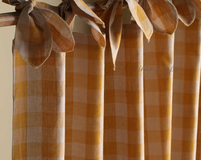Custom Linen Gingham Curtains – Yellow Checkered Farmhouse Drapes, Multiple Hanging Styles (Rod Pocket, Tab Top, Tie Top & More)