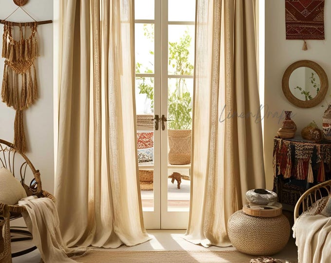 NATURAL Linen Curtains - Tie Top, Tab Top, Rod Pocket | Handmade Curtain Panels, Cafe & Shower Curtains | Farmhouse, Boho curtains