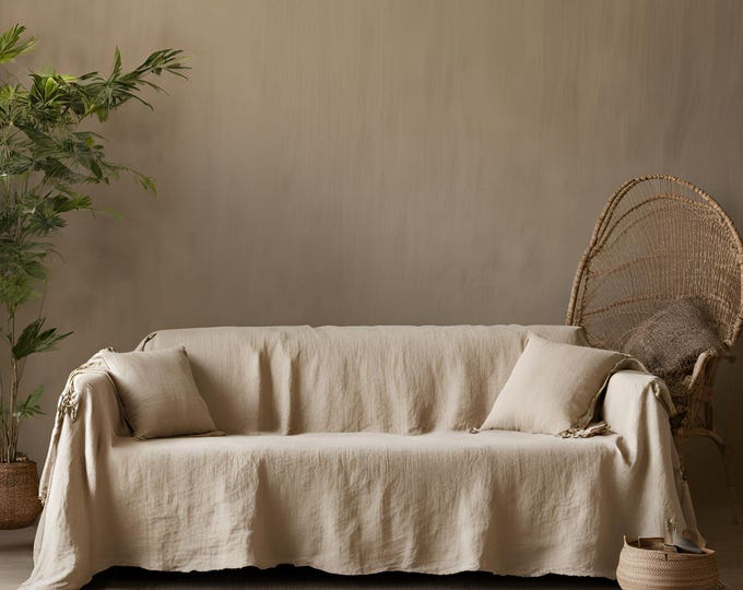 Boho Stonewashed beige color thick Linen sofa Cover. Natural Linen sofa throw. Linen Couch Throw. loose sofa cover, large slipcover cover