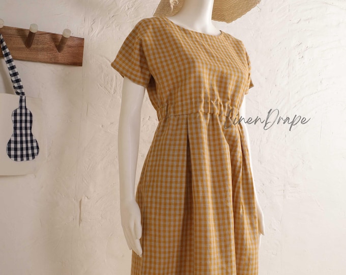 Linen Dress with Elastic and Pockets, Classic Linen Dress Women, Summer Midi Dress, Simple Drop Linen Dress, Elegant Linen Dress