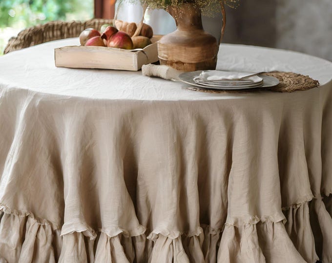 NATURAL Linen Frilled Tablecloth Custom Table Cloth Tablecloths for Wedding, Table Linens, Stonewashed Linen Table cover, linens table cloth