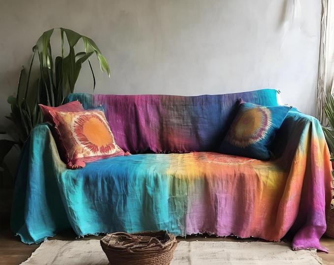 Boho Stonewashed multi tye dyed thick Linen sofa Cover. tye dyed Linen sofa throw, loose sofa cover, hand dyed colorful slipcover