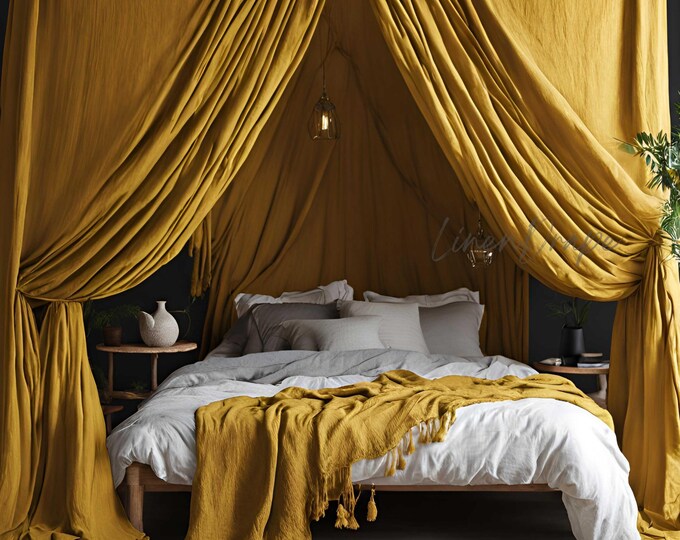 Linen Canopy Bed Curtains | Tie-Top Drapes | Softened Stonewashed Linen Panels | Custom Size Canopy Curtains | 1 Curtain Panel Included