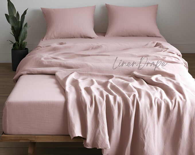 Luxury 100% Pure Linen Bedding Set – Duvet Cover, Fitted Sheet, Flat Sheet & Pillowcases– Blush Pink Bed Linen in USA, UK, EU Sizes