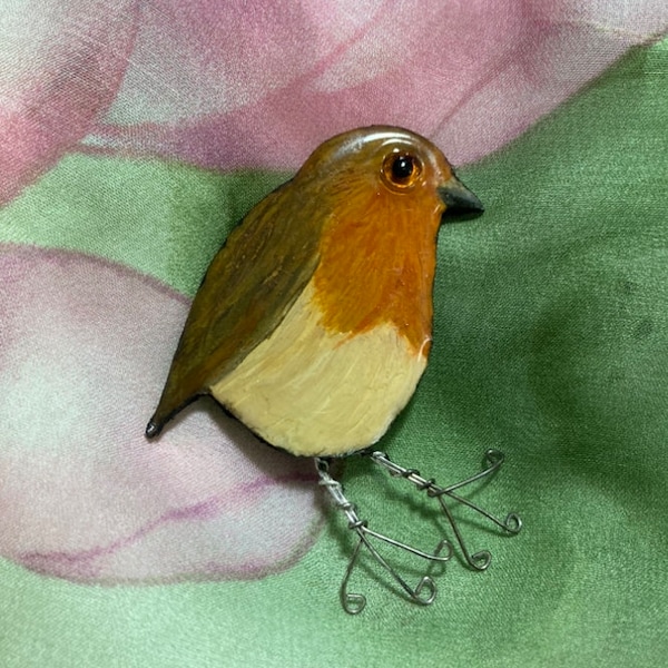 Robin hand painted bird brooch