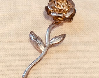 Broche Vintage Strass Années 80 - Motif Rose Argenté Et Doré - En Alliage - Occasion