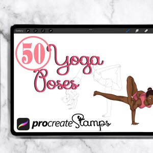 May include: A digital illustration of 50 yoga poses for Procreate stamps. The image shows a woman in a pink yoga outfit performing a yoga pose. The text "50 Yoga Poses" is in pink and white.
