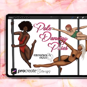 Op de afbeelding: Drie digitale illustraties van vrouwen in verschillende poses op een paal. De illustraties zijn in cartoon-stijl en zijn geplaatst tegen een witte achtergrond. De tekst "Pole Dancing Poses" is geschreven in roze cursieve letters. De tekst "Procreate Stamps" is geschreven in paarse letters.