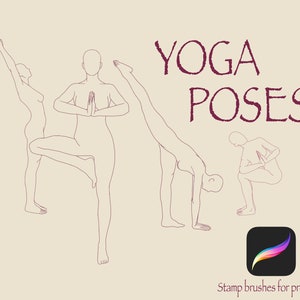 May include: Four line drawings of yoga poses, with the text "YOGA POSES" in a bold, textured font. The image also includes the Procreate app icon and the text "Stamp brushes for procreate".
