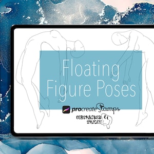 Puede incluir: Una ilustración digital de dos figuras en poses flotantes, con el texto "Floating Figure Poses" y el logotipo "Procreate Stamps" de "GoBSmacked Smiley".