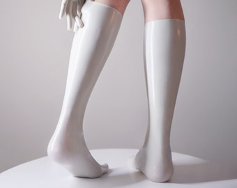 Weiße Mid Tube Latex Socken, Socken Latex lang, Latex Zehensocken, 0,4mm, Latex fünf Fingersocken