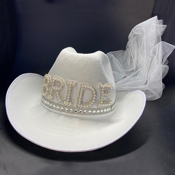 Custom White Cowboy Hat // Bachelorette Trip Honeymoon Beach Weekend with veil