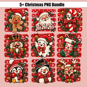 May include: A digital collection of nine Christmas-themed illustrations featuring a gingerbread person, Santa Claus with the text HO HO HO, a candy cane, a nutcracker, a ghost, a stocking, a penguin, a snowman, and a reindeer on red backgrounds.