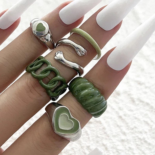 Colourful Dark Green Khaki Summer Ring Set Y2K 6pcs Resin Peace Heart Ying Yang Butterfly Flower Midi Rings Thumb Rings Gifts for Her