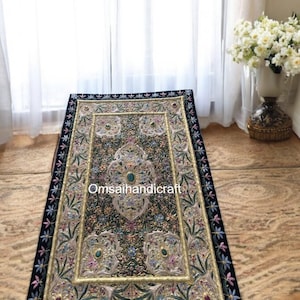 48&quot;x24&quot; Handmade Zari Jewel Carpets Zardozi Hand Embroidered Tapestry Wall Hanging Art Embellished Top Modern Home & Living Room Carpet Deco