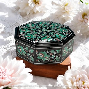 6 "x6"x3" handgefertigter schwarzer Marmor mit Malachit-Blumenmarquetry - raffinierte Erinnerungsbox perfekt für jeden Anlass Dekor."