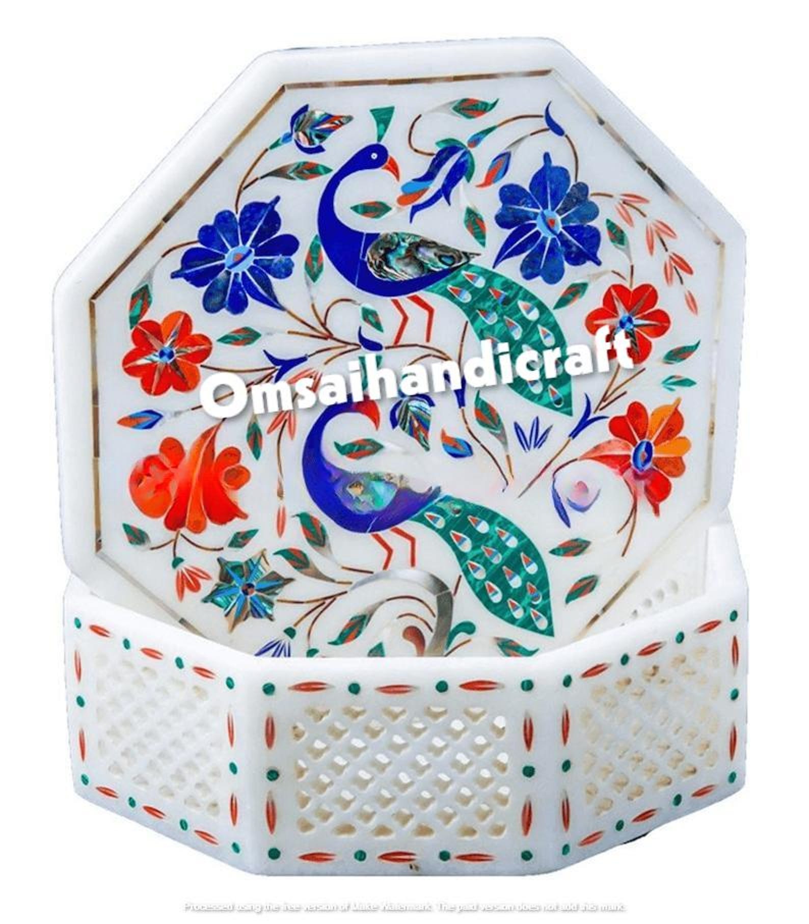Handmade Marble Trinket Box: Peacock Inlay Jewelry Box (6
