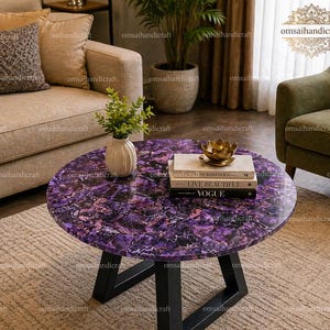 Mesa de centro redonda de amatista – Centro de mesa de piedra natural para sala de estar, muebles con base dorada