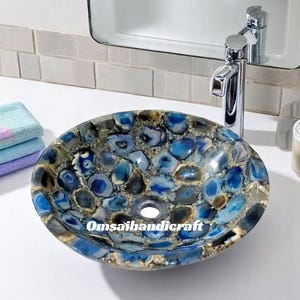 Blue Agate Stone Sink – Handcrafted Natural Gemstone Bathroom Vessel Sink | Luxury Crystal Vanity Basin for Modern Interiors  Bathrooms Deco