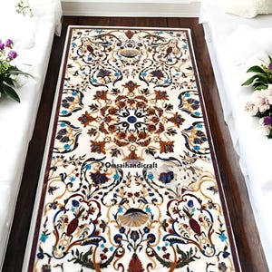 Artisan White Marble Dining Table Handmade Multi Stone Inlay with Elegant Marquetry Art Perfect for Luxury Dining Spaces Kitchen Furniture