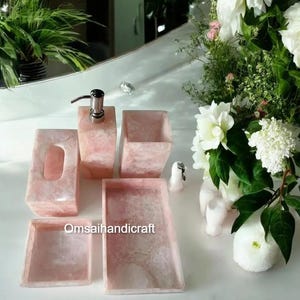 Elegant 5-Pcs Rose Quartz Stone Bathroom Set Natural Beauty for Your Home Perfect Bathroom Accessories Collection Housewarming & Hotel Decor
