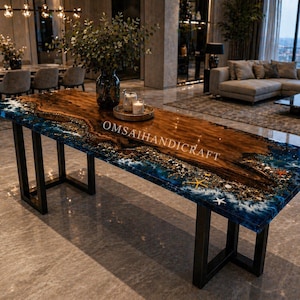 Ocean Epoxy Resin Console Table, Handmade Wood River Furniture, Coastal Entryway Statement Piece