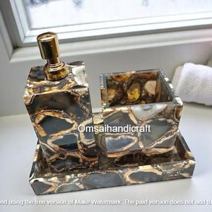 3-Piece Agate Bathroom Accessory Set – Natural Gemstone Vanity Collection with Soap Dispenser Tissue Holder Tray  Stylish Bathrooms Set Deco