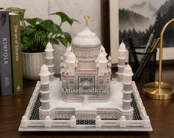 Modelo artesanal de incrustaciones de mármol del Taj Mahal, decoración artística Pietra Dura, regalo de lujo en miniatura de monumento