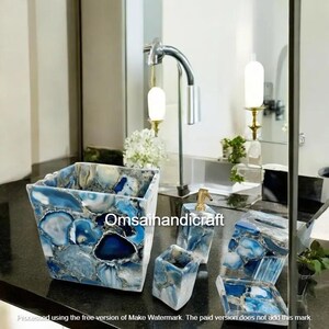 Luxury Bathroom Accessories Set, 5 Piece Blue agate Stone Bathroom Set Vanity Set Bathroom Soap Dispenser Set Tissue Box Tray Home Decors