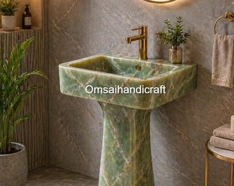 Groene onyx wastafel op voetstuk, luxe handgemaakte stenen wastafel