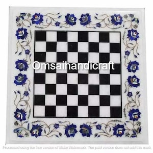 12&quot; White Marble Chess Table Top with Lapis Stone Floral Inlay and Marquetry Work Handmade Art Polished Marble Chess Board Set Garden Dec