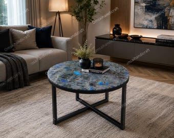 Labradorite Coffee Table – Handmade Blue Flash Stone Round Center Table | Modern Living Room Furniture