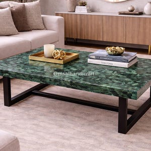 Luxury Rectangular Malachite dining Table – Green Stone Center Table with Modern Black Base