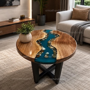Round Epoxy River Coffee Table | Walnut Wood, Blue Resin, Modern Home Decor