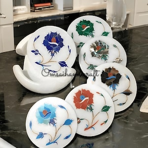 4&quot; Handcrafted White Marble Inlay Coaster Set with Multi Stone Design Perfect for Dining Tables, Coffee Tea Tables, and Housewarming Decors