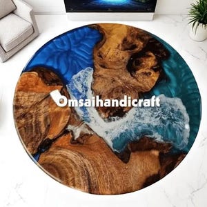 Ocean Wave Round Epoxy Coffee Table Top, Handmade Wooden Resin Live Edge Table, Luxury Farmhouse Furniture Modern Cafeteria Bar Desk Decors