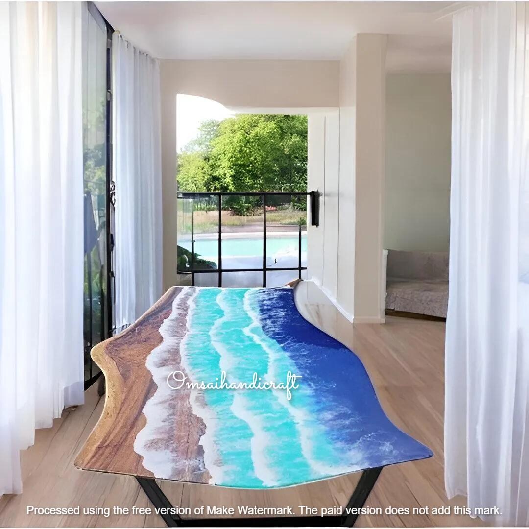 Epoxy Resin Ocean Wave Table Top: Live Edge Wood, Custom Metal