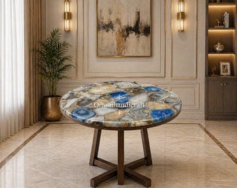 ブルーアゲートの円形コーヒーテーブル、ラグジュアリーなモダンリビングルームの装飾