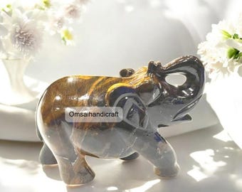 4インチ 手作り トランクアップ 象の置物 天然タイガーアイストーン