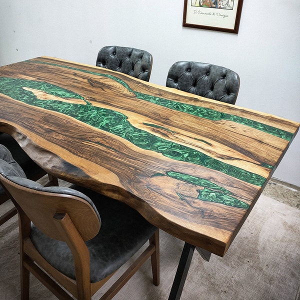 Table à manger sur mesure avec dessus en résine époxy verte, meubles faits main, arts modernes du milieu du siècle, dessus de table en console, décorations de meubles de couloir