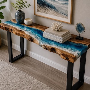 Epoxy River Console Table, Ocean Resin Wood Table, Live Edge Entryway Table, Handmade Modern Coastal Furniture