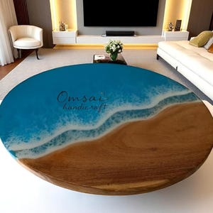 Mesa de centro de resina epoxi hecha a mano: olas azules del océano, madera de nogal